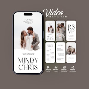 May include: A digital wedding invitation on a smartphone screen. The design features a photo of a couple, with text that reads "Mindy and Chris" and "You're cordially invited." Additional cards include wedding details and RSVP information.