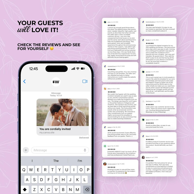 May include: A smartphone screen displays a wedding invitation message with a photo of a couple. The text reads "You are cordially invited." Reviews are shown on the right, with the text "YOUR GUESTS will LOVE IT! CHECK THE REVIEWS AND SEE FOR YOURSELF."