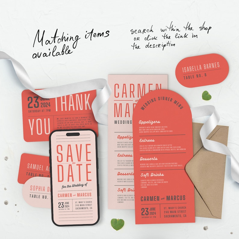 May include: A set of wedding stationery in coral and pink with a save the date card, a thank you card, a wedding menu, and a table number card. The save the date card is shaped like a smartphone and features the text "Save the Date" in a retro font. The wedding menu is shaped like a half-circle and features the names Carmen and Marcus.