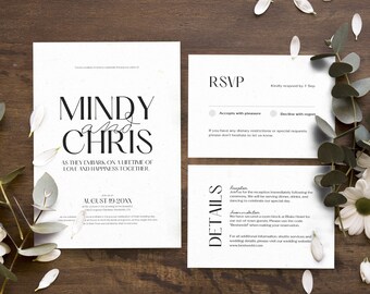 Wedding Invitation Template Set, Simple Wedding Invite Suite with Rsvp and Details, Fully Editable Canva Template, Instant Download, BW025