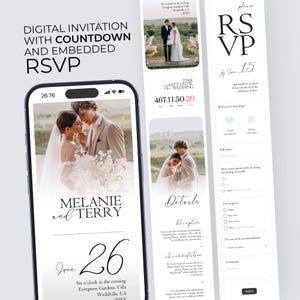 Faire-part WEB avec compte à rebours intégré, RSVP et carte avec suivi, modèle numérique de toile d'annonce de mariage, invitation de site Web, BW016