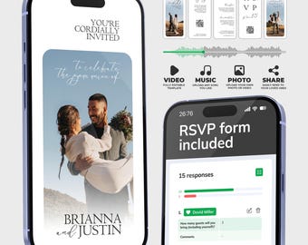 Wedding Video Invitation with RSVP, Editable Canva Template, Modern Photo Design BW016