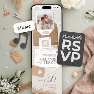 May include: A smartphone screen shows a wedding invitation with a photo of a couple. The invitation includes the names Melanie and Terry, the date June 26, and RSVP information. Decorative elements include music notes, a USB drive, and a card that says "Trackable RSVP."