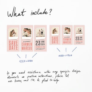 May include: Four pink and white save the date cards with a Polaroid style photo of a couple. The text on the cards reads "Save the Date", "For the wedding of Carmen Marcus", "23 June 2024 Saturday at 7PM", and "Save Date".