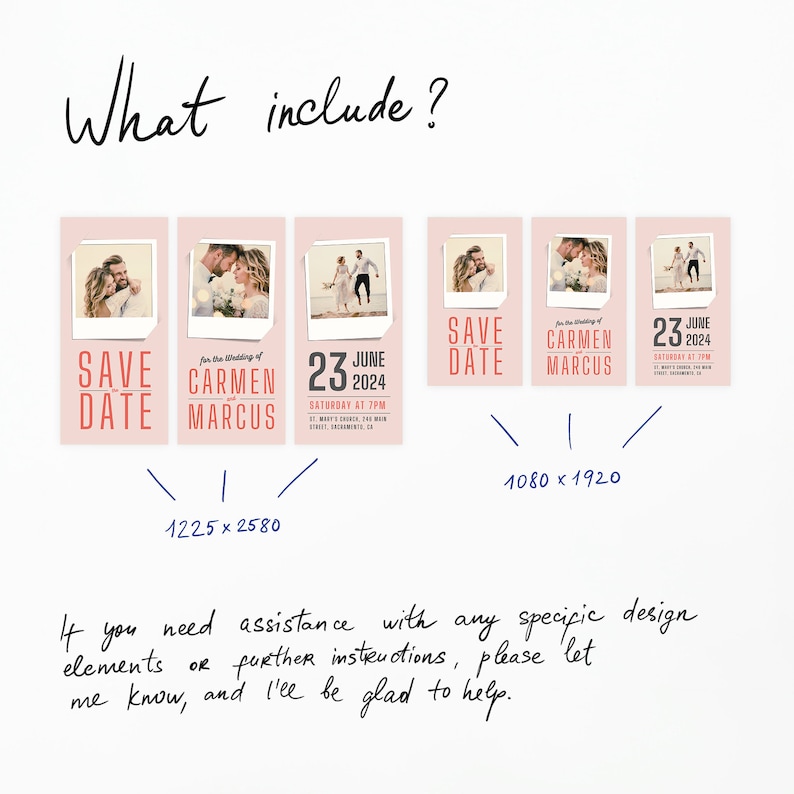 May include: Four pink and white save the date cards with a Polaroid style photo of a couple. The text on the cards reads "Save the Date", "For the wedding of Carmen Marcus", "23 June 2024 Saturday at 7PM", and "Save Date".