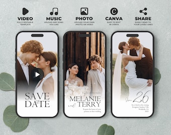 Szablon wideo ślubnego Save the Date, animowane zaproszenie ślubne, edytowalny cyfrowy szablon Canva Save the Date, natychmiastowe pobranie, BW016