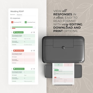 May include: A digital wedding RSVP form with 21 responses, displayed on a white background. The form includes questions, responses, and options to download as PDF or Excel. Text on the right reads: "VIEW all RESPONSES in a clear, EASY TO READ FORMAT with easy EDITING, DOWNLOAD AND PRINT OPTIONS."