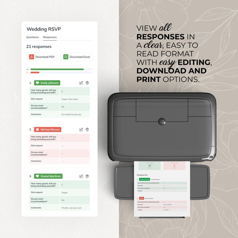 May include: A digital wedding RSVP form with 21 responses, displayed on a white background. The form includes questions, responses, and options to download as PDF or Excel. Text on the right reads: "VIEW all RESPONSES in a clear, EASY TO READ FORMAT with easy EDITING, DOWNLOAD AND PRINT OPTIONS."