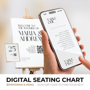 May include: A digital seating chart for a wedding with a QR code to scan for the programme and menu. The chart is displayed on a smartphone with the text "Table One" and a list of names. The text "Table Two" is visible on the bottom of the screen.