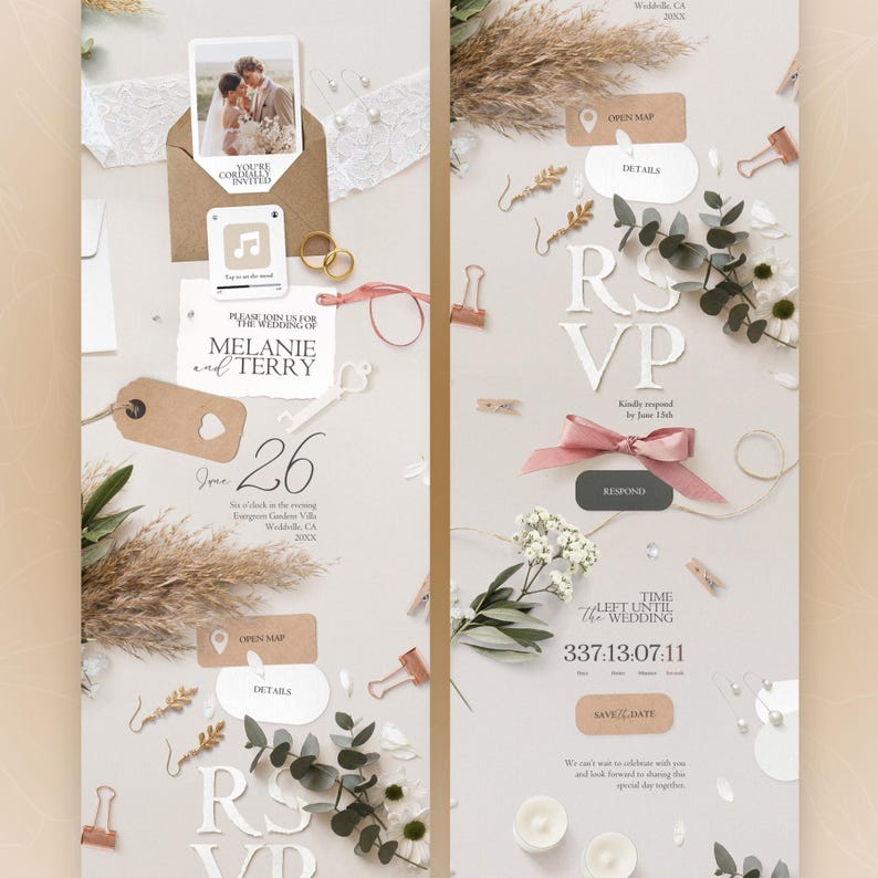 K&ouml;nnte beinhalten: Hochzeitseinladungs-Suite in neutralen Farbt&ouml;nen. Enth&auml;lt ein Foto, eine RSVP-Karte und eine Detailkarte. Die Einladung tr&auml;gt die Namen "Melanie und Terry" und das Datum "26. Juni". Dekoriert mit Blumen, Schleifen und Schreibwarenelementen.