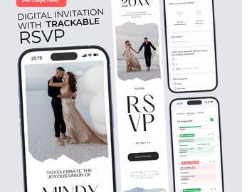 Szablon zaproszenia internetowego z możliwością śledzenia RSVP, cyfrowe ogłoszenie ślubne, zaproszenie na stronę internetową Canva Wedding, odpowiedzi online na ślub, BW025