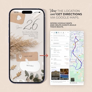 K&ouml;nnte beinhalten: Ein Smartphone-Bildschirm zeigt eine Hochzeitseinladung mit dem Datum 26. Juni und Details zum Veranstaltungsort. Der Bildschirm zeigt auch Google Maps-Wegbeschreibungen. Der Text auf dem Bildschirm lautet: "Standort anzeigen und Wegbeschreibungen &uuml;ber Google Maps abrufen."