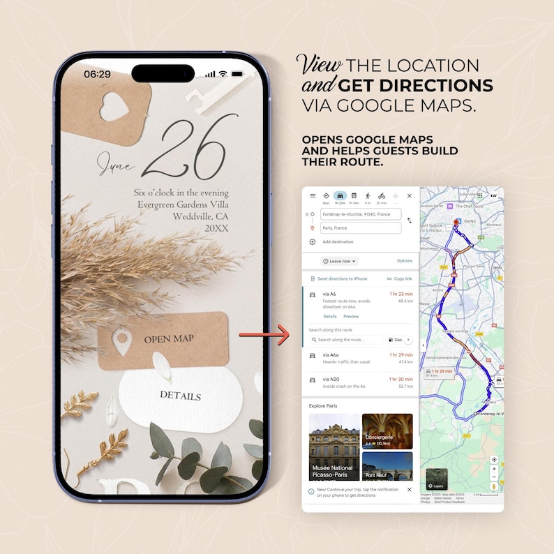 K&ouml;nnte beinhalten: Ein Smartphone-Bildschirm zeigt eine Hochzeitseinladung mit dem Datum 26. Juni und Details zum Veranstaltungsort. Der Bildschirm zeigt auch Google Maps-Wegbeschreibungen. Der Text auf dem Bildschirm lautet: "Standort anzeigen und Wegbeschreibungen &uuml;ber Google Maps abrufen."