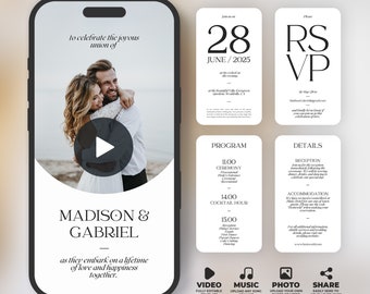 Wedding Video Invitation Template, Animated Wedding Invitation with RSVP, Details & Program, Fully Editable Digital Canva Template, BW023