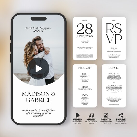 Animated Wedding Invitation Template: Digital Video Invite with RSVP (Canva Editable) BW023