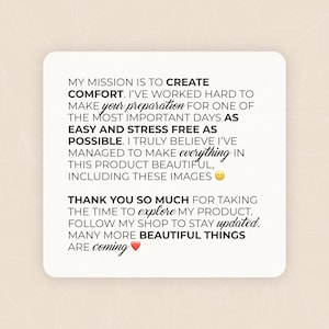 K&ouml;nnte beinhalten: Ein wei&szlig;es Quadrat mit Text, der lautet: "MY MISSION IS TO CREATE COMFORT...THANK YOU SO MUCH FOR TAKING THE TIME TO explore MY PRODUCT...MANY MORE BEAUTIFUL THINGS ARE coming". Der Hintergrund ist eine weiche, neutrale Farbe.