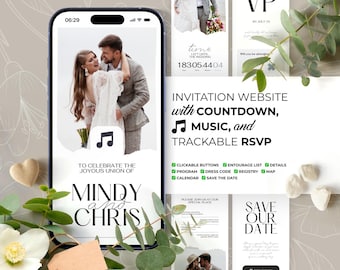 Wedding Invitation Website Template with RSVP, Music, Map, Countdown, Registry, Save the Date, Details, BW025