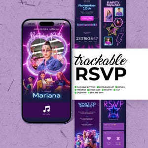 May include: A digital invitation design for a birthday party, featuring a smartphone interface with a photo of a person in the center, surrounded by a purple neon glow. The invitation includes the text "Birthday Party" and "Mariana".