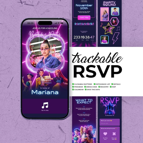 Kpop Demon Hunters Birthday Invitation Website: Countdown, Music, RSVP Tracking, Editable Canva Template, Digital Invite