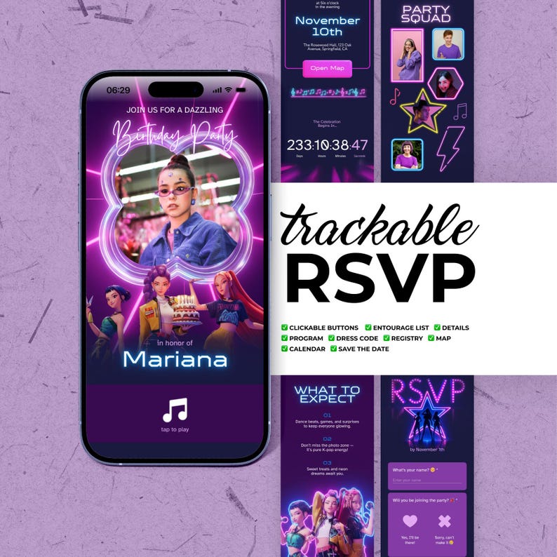 May include: A digital invitation design for a birthday party, featuring a smartphone interface with a photo of a person in the center, surrounded by a purple neon glow. The invitation includes the text "Birthday Party" and "Mariana".