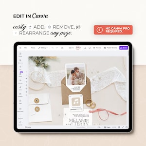 K&ouml;nnte beinhalten: Ein digitaler Tablet-PC, der ein Hochzeitskarten-Design in Canva anzeigt. Das Design umfasst ein Foto eines Paares, Einladungskarten, Umschl&auml;ge und Eheringe. Auf dem Bildschirm steht "EDIT IN Canva" und "NO CANVA PRO REQUIRED."