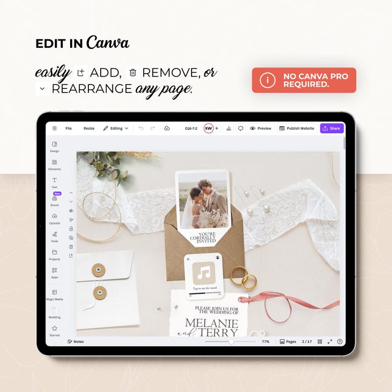 K&ouml;nnte beinhalten: Ein digitaler Tablet-PC, der ein Hochzeitskarten-Design in Canva anzeigt. Das Design umfasst ein Foto eines Paares, Einladungskarten, Umschl&auml;ge und Eheringe. Auf dem Bildschirm steht "EDIT IN Canva" und "NO CANVA PRO REQUIRED."