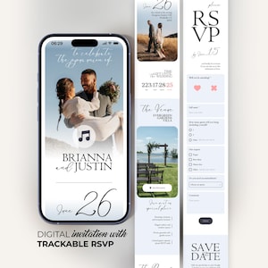 Minimalist Wedding Invitation Website with Music, Countdown and Trackable RSVP, Digital Invite (Editable Canva Template) BW016