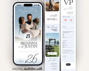 Minimalist Wedding Invitation Website with Music, Countdown and Trackable RSVP, Digital Invite (Editable Canva Template) BW016