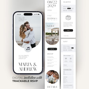 May include: Digital wedding invitation on a smartphone screen, featuring a photo of a couple embracing. The invitation includes the date, time, and RSVP details. The text reads "Maria & Andrew" and "Digital invitation with trackable RSVP."