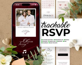 Elegant Burgundy Digital Wedding Invitation Website with RSVP Music Countdown Canva Template