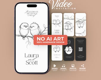 Hand-Drawn Wedding Video Invitation: Cartoon Birds, Music, RSVP, Original Design (Editable Canva Template)