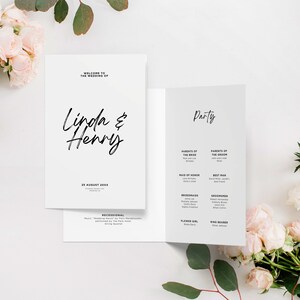Minimalist Wedding Program: Foldable Order of Service, Editable Canva Design BW026
