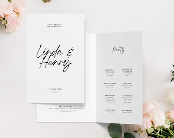 Minimalist Wedding Program, Foldable Order of Service, Modern Program Template, Editable Canva Design, US & EU Sizes, BW026