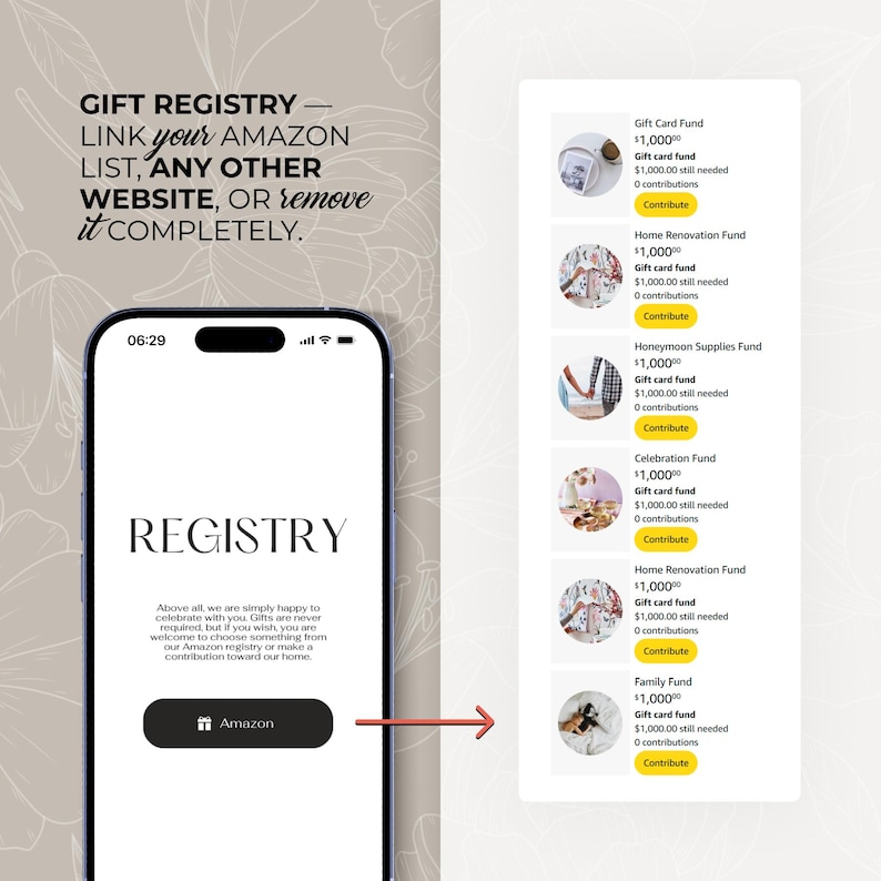 May include: A smartphone displays a gift registry interface with options to link an Amazon list or other websites. The registry includes various funds like Gift Card, Home Renovation, and Honeymoon Supplies.