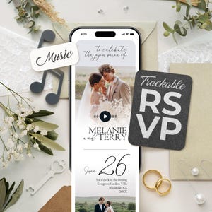 May include: A smartphone displaying a digital wedding invitation with a photo of a couple, the text "To celebrate the pious union of MELANIE and TERRY", "June 26", and location details. A dark tag reads "Trackable RSVP" and a white tag reads "Music".