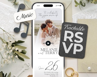 Digital Wedding Invitation with Countdown, Music, Details, and Trackable RSVP (Editable Canva Template) + Bonus (Printable Invitation)