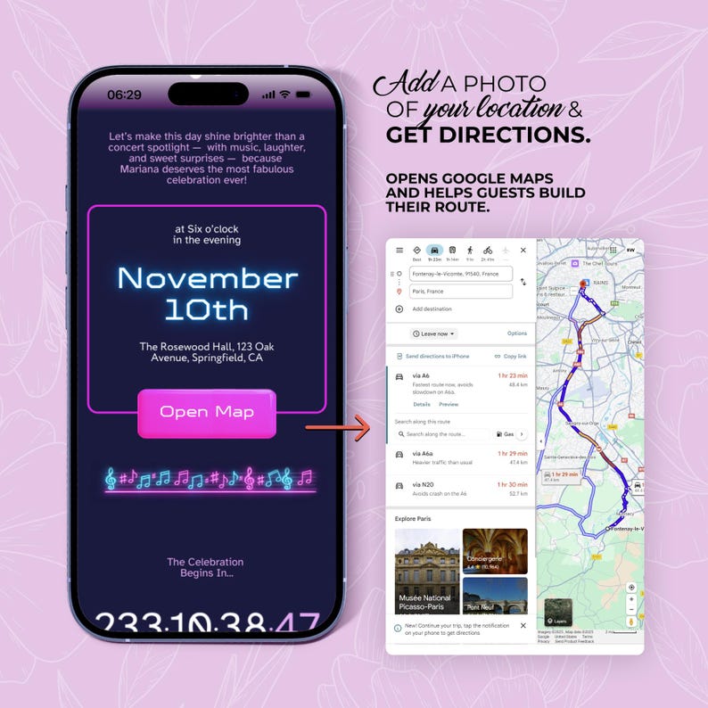 May include: A smartphone screen displays an event invitation for November 10th at The Rosewood Hall in Springfield, CA. The invitation includes the time, location, and an 'Open Map' button, with a map and directions on the right.