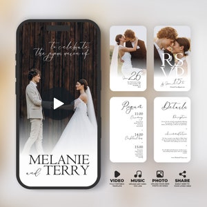 Wedding Video Invitation, Animated Wedding Invitation with RSVP, Details & Program, Add Your Own Photo and Music, Canva Template, BW016