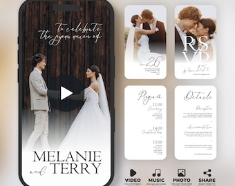 Wedding Video Invitation, Animated Wedding Invitation with RSVP, Details & Program, Add Your Own Photo and Music, Canva Template, BW016
