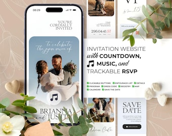 Web Wedding Invitation Template with Music, Save the Date, Countdown, Trackable RSVP, Registry, Program (Digital invite Canva) BW016