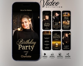 Birthday Party Video Invitation: Black & Gold Digital Invite, Canva Template (Instant Download)