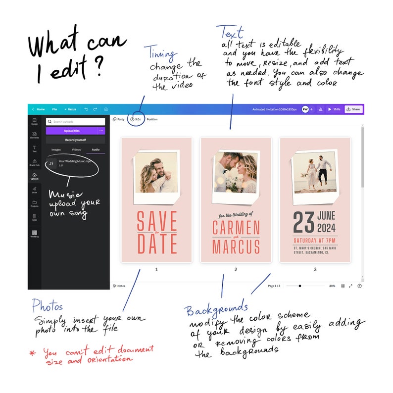 May include: A screenshot of a computer screen showing a wedding invitation design template. The template has three different designs, each with a pink background and a white Polaroid-style photo frame. The text on the template includes "Save the Date", "For the Wedding of Carmen and Marcus", and "June 23, 2024".