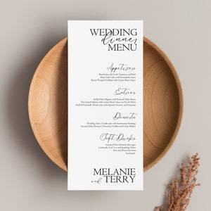 Moderne canvassjabloon bruiloft menu, bewerkbaar trouwmenu, eenvoudig 4 x 9 trouwmenubord, bewerkbaar en afdrukbaar menu, direct downloaden, BW016