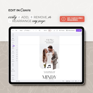 May include: A digital tablet displaying a wedding invitation template in Canva. The template features a photo of a couple, the text "You're cordially invited," and the names "Mindy and..." The screen also shows editing options.