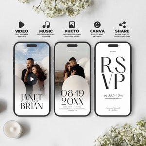 Wedding Video Invitation Canva Template, Fully Editable Wedding Invite with RSVP, Add Your Own Photo and Music, Instant Download, BW025