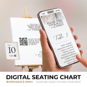 Op de afbeelding: Een digitale zitplaatsindeling voor een bruiloft, weergegeven op een smartphone en een ingelijste tafelkaart. Het telefoonscherm toont een tafellijst met namen. Een QR-code is beschikbaar.