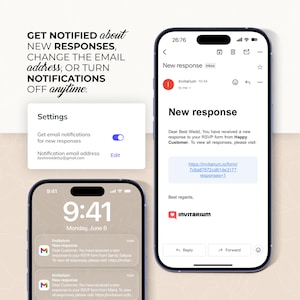 K&ouml;nnte beinhalten: Screenshots von drei Smartphones, die E-Mail-Benachrichtigungen und Einstellungen anzeigen. Die Bildschirme zeigen den Text "Neue Antwort" und "E-Mail-Benachrichtigungen erhalten". Ein Bildschirm zeigt die E-Mail-Adresse "bestweddetsy@gmail.com."