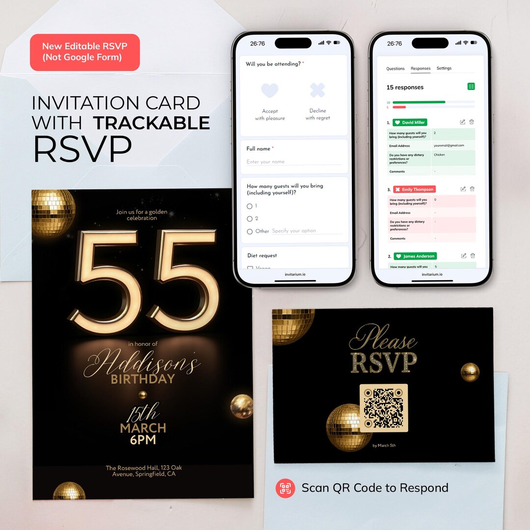 55th Birthday Invitation + QR RSVP Card, Black & Gold Printable Set ...