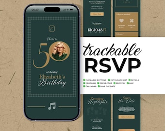 50th Birthday Invitation Website: RSVP Tracking, Countdown, Music, Map, Save the Date (Elegant Sage Green Canva Template Digital Invite)