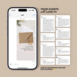 Op de afbeelding: Een smartphone toont een trouwkaartontwerp met gouden ringen en een bruine envelop. De tekst "YOU'RE CORDIALLY INVITED" is zichtbaar. De achtergrond bevat klantbeoordelingen en de zin "YOUR GUESTS will LOVE IT!"
